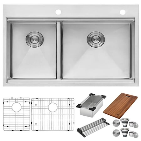 Ruvati 33 x 22 inch Workstation Drop-in 40/60 Double Bowl Topmount Rounded Corners Kitchen Sink RVH8036